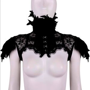 Black Feather Collar Boned Lace Bolero Shoulder Strap Shrug L